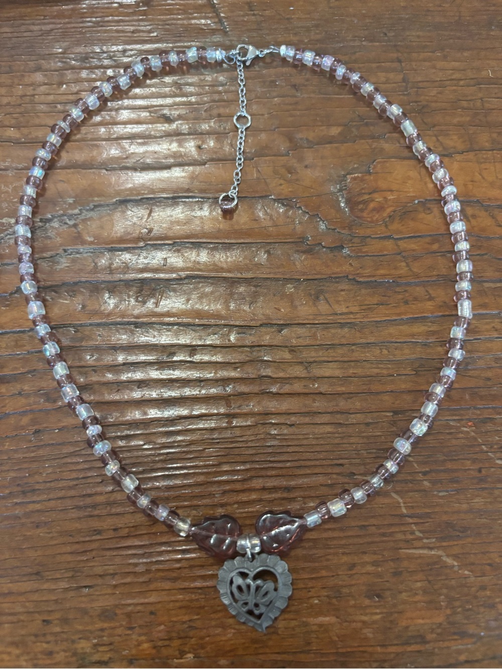 Delicate Pink Beaded Heart Pendant Necklace